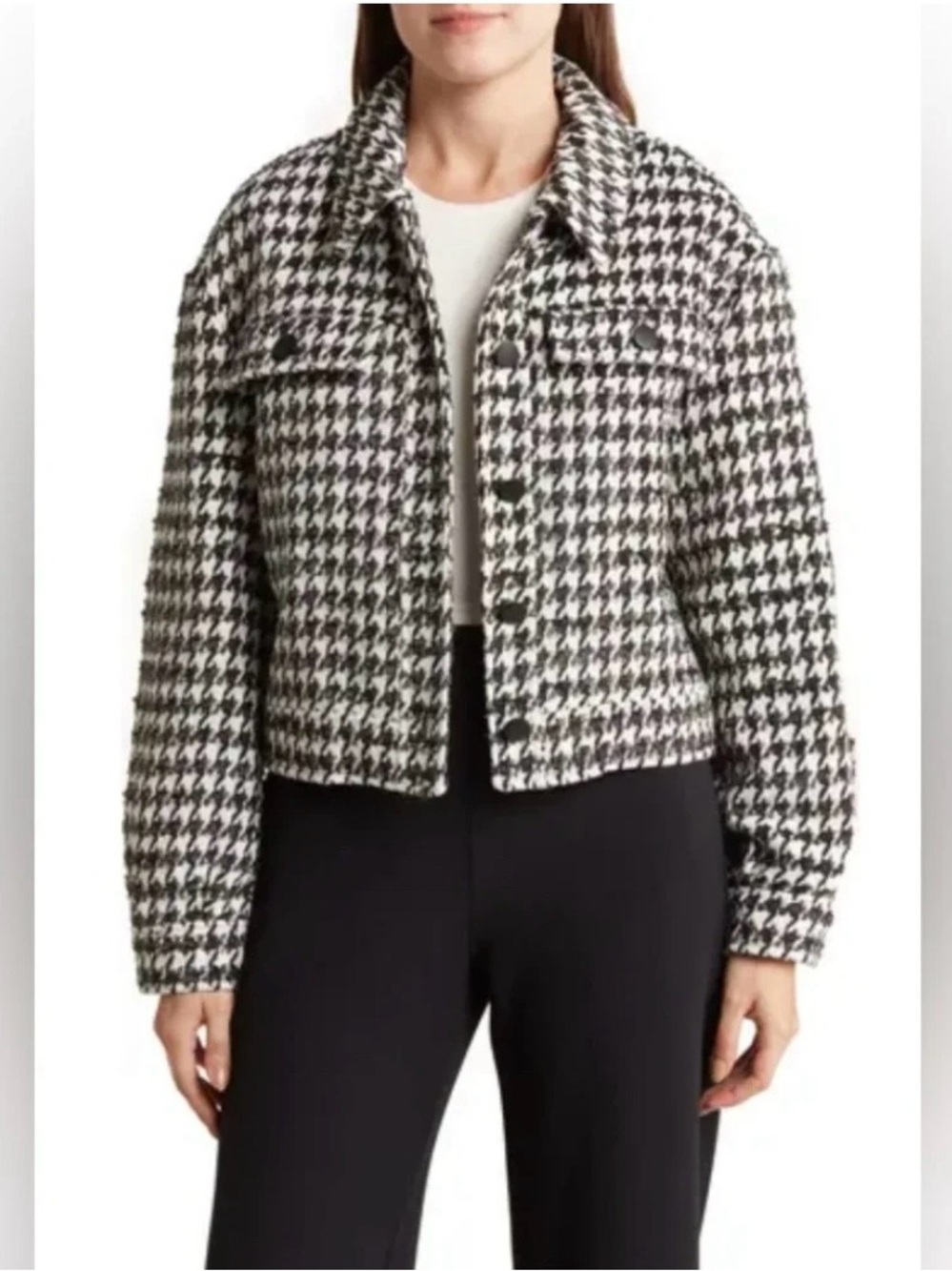 MELLODAY Black & White Houndstooth Button-Front Cropped Jacket